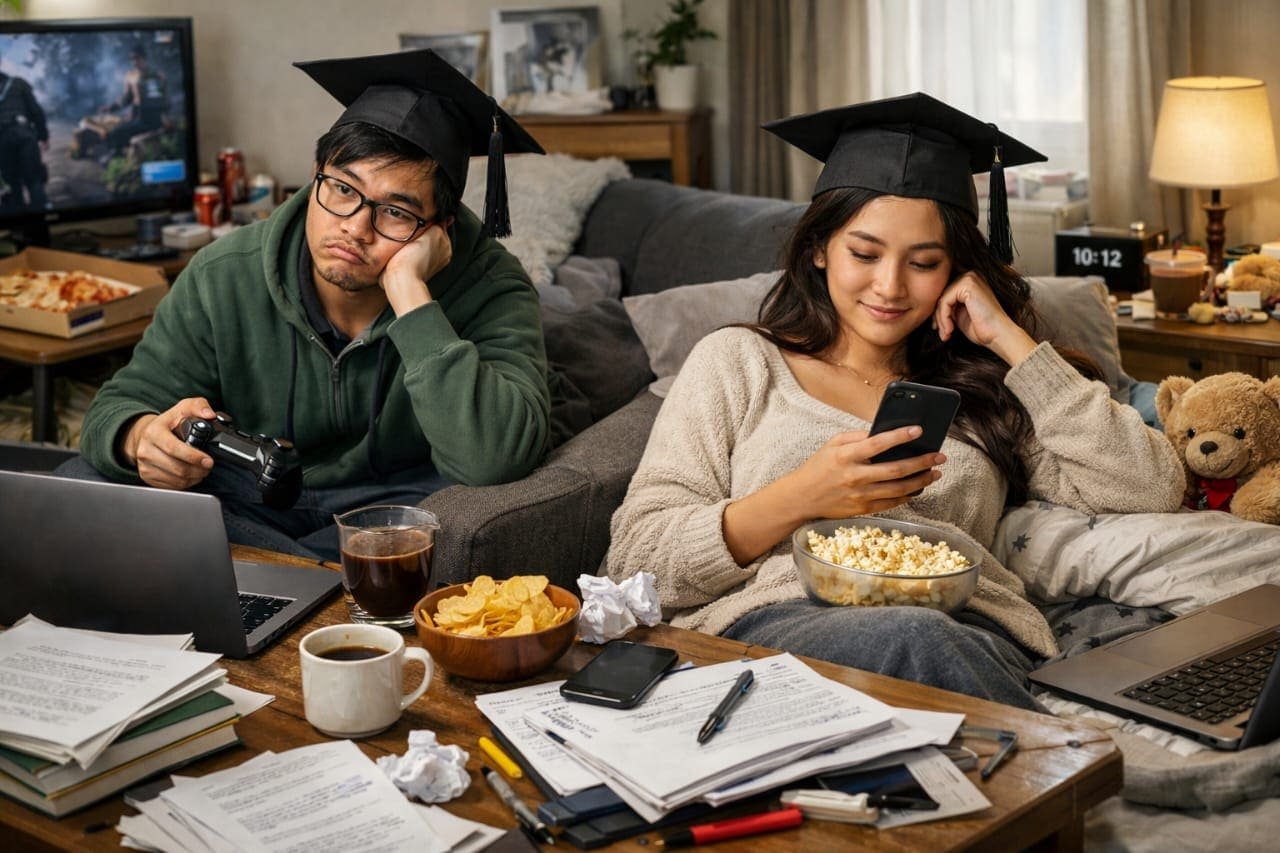 Mahasiswa S2 fokus menulis tesis dengan jurnal ilmiah